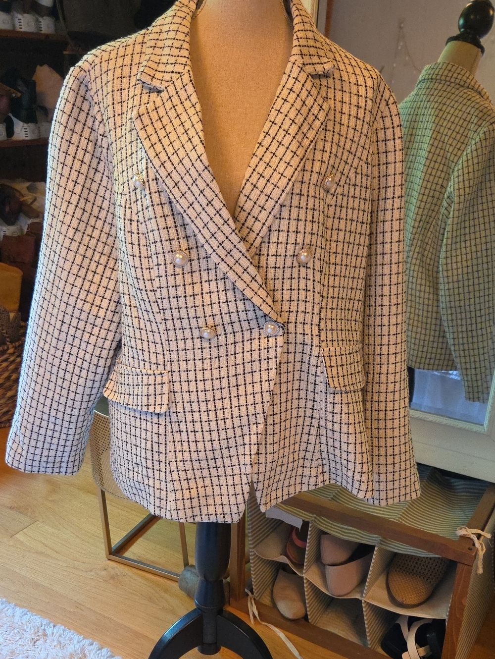 Checked Double-Breasted Women's Blazer Jacket - Ivory & Black